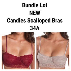 NWTCandies 2 Bras Scalloped Trim Unlined Red Tan 34A Mesh Adjustable Straps NEW